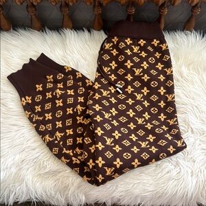 Designer Inspired Brown Knit Joggers with Yellow Logo Pattern